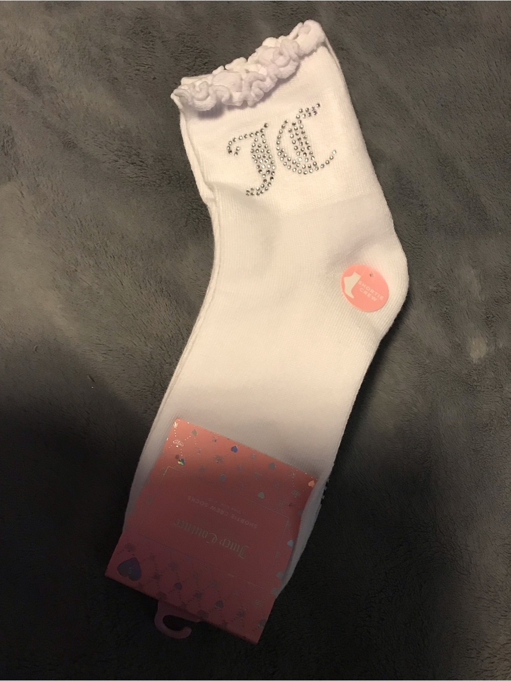 Juicy Couture Woman White Ruffle Ankle Socks with Rhinestone 'JC' Logo